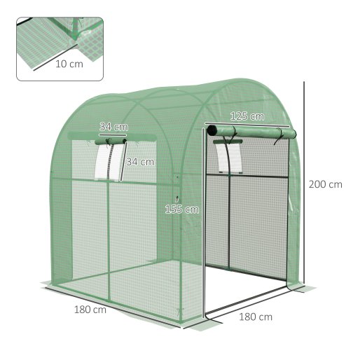 Outsunny 1.8 x 1.8 x 2m Polytunnel Greenhouse with Doors and Mesh Windows, Walk-in Grow House Tent with UV-resistant PE Cover and Steel Frame, Green