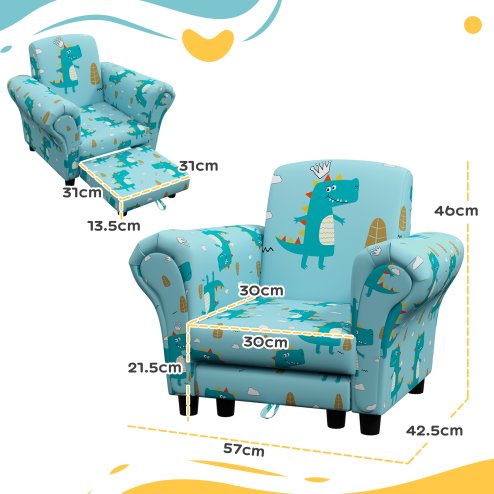 AIYAPLAY Kids Armchair with Stool, 2 Piece Kids Sofa Set with Dinosaur Design, Wooden Frame, Upholstered Kids Chair for Bedroom, Playroom, Kid Room, for 1.5-3 Years Old, Blue
