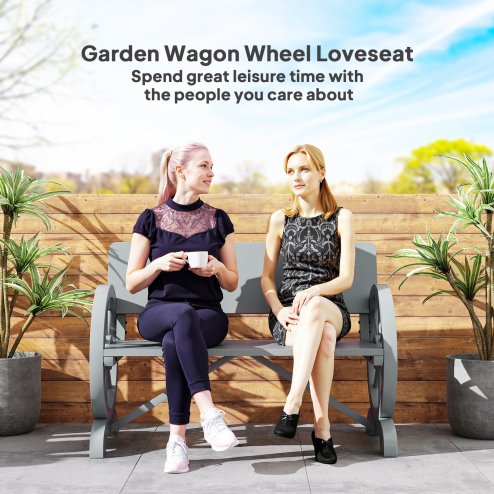 Outsunny Wooden Garden Bench, 2 Seater Outdoor Bench Outdoor with Wagon Wheel Armrests and High Back, Grey