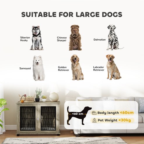 PawHut Dog Crate Furniture, Dog Cage with Soft Washable Cushion, Furniture-Style Pet Kennel Indoor House End Side Table for Small Medium Large Breeds, 100 x 60 x 73.5 cm, Grey