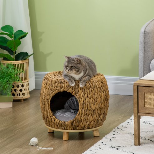 PawHut Wicker Cat House Stool for Rest, Rattan Kitten Bed for Indoor and Outdoor Use, Elevated Pet Bed with Soft Washable Cushion 44 x 43 x 41 cm