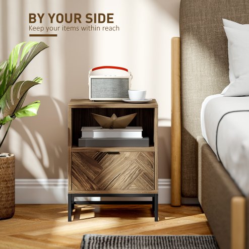 HOMCOM Bedside Table with Drawer and Shelf, Side End Table with Steel Legs for Living Room, Bedroom, Brown Wood Effect