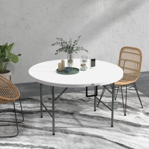 Outsunny Folding Garden Table, 122 cm Round HDPE Outdoor Picnic Table for 6, Metal Frame for Patio, Park, White