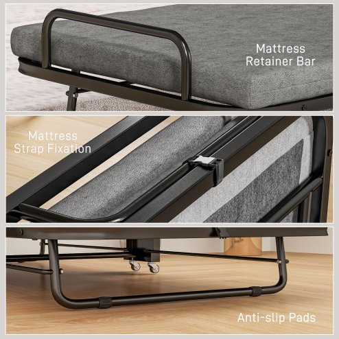 HOMCOM Folding Bed with Mattress, Foldable Guest Bed on Wheels, Portable Single Bed with 7cm Mattress, 188 x 76cm, Grey