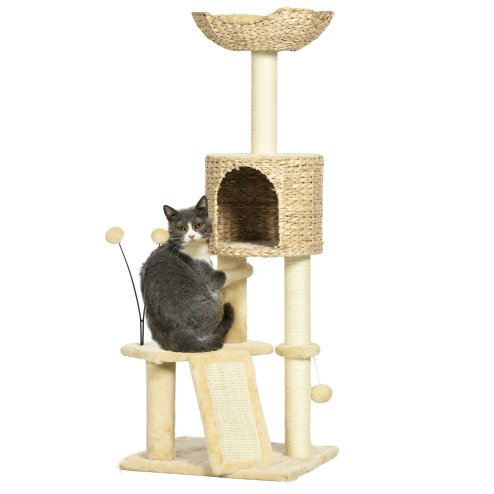 PawHut 116cm Cat Tree for Indoor Cats, Cat Tower with Scratching Posts, Ramp, Cat House, Toy Balls, Platforms, Bed, Ramp - Beige
