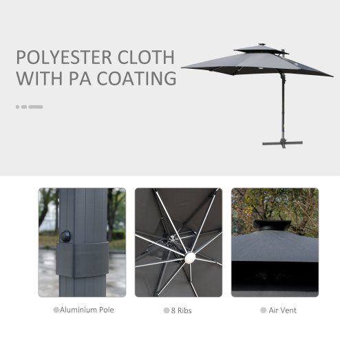 Outsunny 3m Cantilever Roma Parasol, Offset Patio Umbrella, Solar LED Lighted Hanging Sun Shade Canopy 250g Polyester SunShade with Aluminium Frame, Tilt & Crank Handle, Cross Base for Lawn, Grey