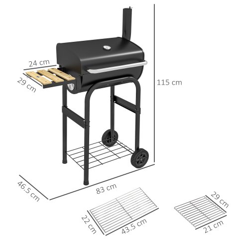Outsunny Charcoal Barbecue Grill with Shelves, Portable BBQ Trolley Smoker with Wheels, Lid, Thermometer, Chimney for Outdoor Garden Party Cooking, Black