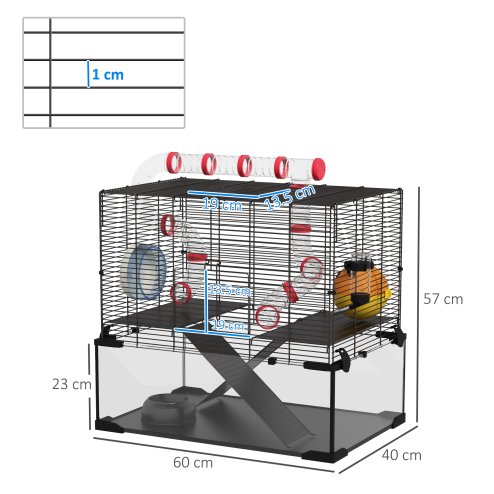 PawHut Large Hamster Cage, Gerbil Cage with Deep Glass Bottom, Tunnels, Non-Slip Ramps, Exercise Wheels, Water Bottle, Dish, 60 x 40 x 57cm
