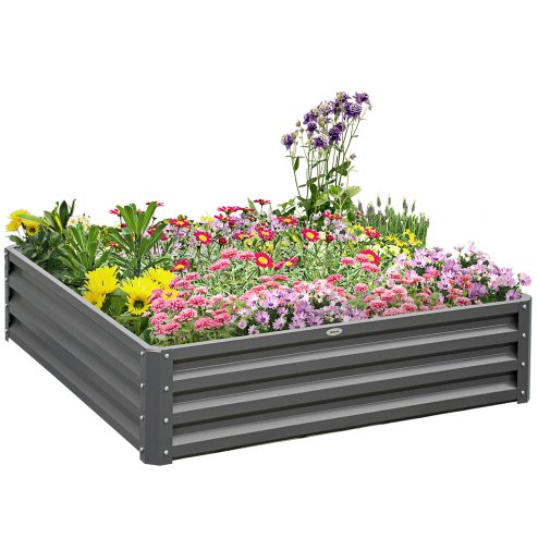 Outsunny 432L Square Raised Garden Bed Box with Weatherized Steel Frame for Vegetables, Flowers and Herbs, 120 x 120 x 30cm, Light Grey