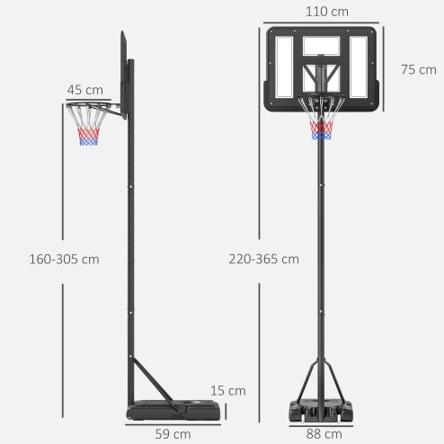 HOMCOM Portable Freestanding Basketball Hoop Stand Transparent Backboard 160-305cm Adjustable Basketball Hoop with Two Moving Wheels For Adult Outdoor & Indoor Use