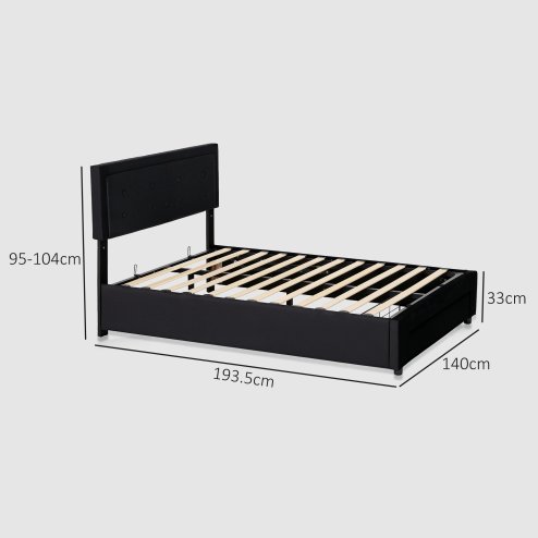 HOMCOM Double Ottoman Bed Frame, 4ft6 Gas Lift Storage Bed with 2-Level Adjustable Velvet Upholstered Headboard, Wheeled Drawer and Wooden Slats, No Mattress, Black