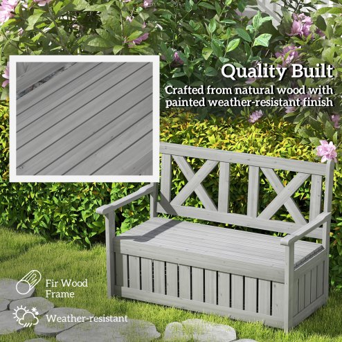 Outsunny Wood Garden Bench 2 Seater Storage Chest Patio Seating Chair with High Back and Armrest, Charcoal Grey