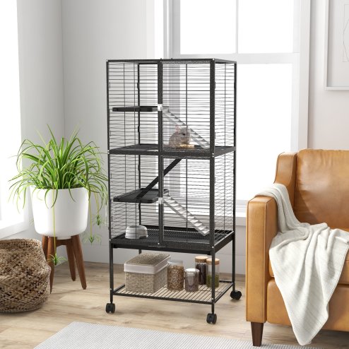 PawHut Ferret Cage Rolling Small Animal Cage 4 Levels Pet Cage 136cm Height for Chinchillas, Squirrels with 3 Doors, Storage Shelf, Tray, Bowl, Water Bottle, Ramps - Charcoal Grey