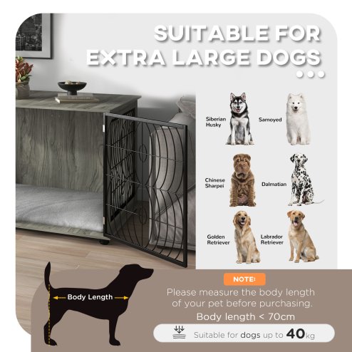 PawHut Dog Crate Furniture, Dog Cage End Table with Large Top, Soft Washable Cushion, Lockable Front Door, Wire Mesh Ventilation, Indoor Pet Crate for Extra Large Sized, 118 x 75 x 82cm - Grey