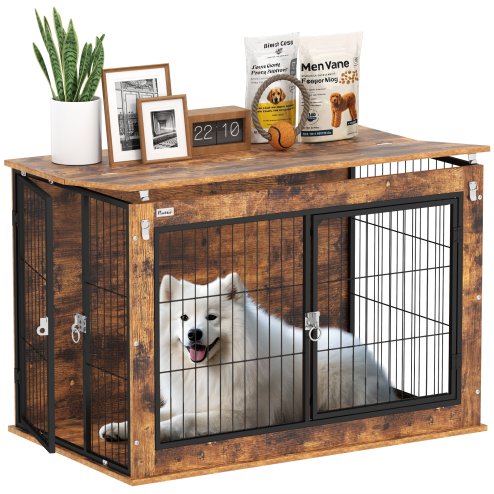 PawHut Dog Crate Furniture, Dog Cage End Table with Openable Top, Two Lockable Doors, for Large Pets, 98 x 60 x 65.5cm, Rustic Brown