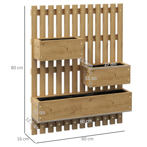 Outsunny Wall-mounted Wooden Garden Planters with Trellis, Drainage Holes and 3 Movable Planter Boxes, Wall Raised Garden Bed for Patio, Carbonised