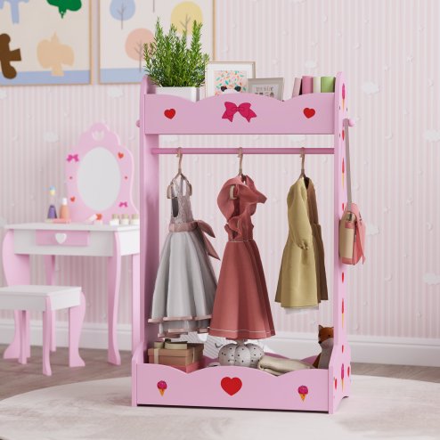 AIYAPLAY Kids Clothes Rail, Dress Up Rail with Top, Bottom Storage Shelves, for Bedroom, Kids Room, Nursery, 70 x 37 x 103cm, Hot Pink
