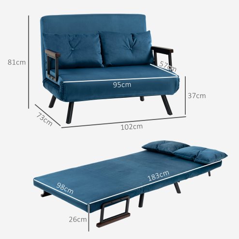 HOMCOM 2 Seater Sofa Bed, Click Clack Convertible Bed Settee, Modern Velvet Feel Fabric Sofa Couch with 2 Tufted Cushions, Wood Armrests for Living Room, Bedroom, Guest Room, Navy Blue