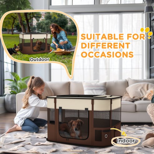 PawHut Dog Pen, Pet Playpen, Portable Foldable Dog Cat Playpen Soft Pet Cage with Storage Bag for Puppies, Rabbits, Kittens, Guinea Pigs, 84 x 64 x 53cm - Brown