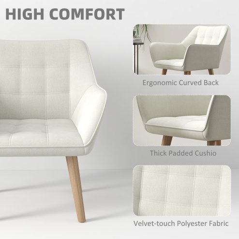 HOMCOM Armchair Accent Chair, Vanity Chair with Wide Arms, Slanted Back, Padding, Metal Frame, Wooden Legs, Home Bedroom Furniture Seating, Cream White