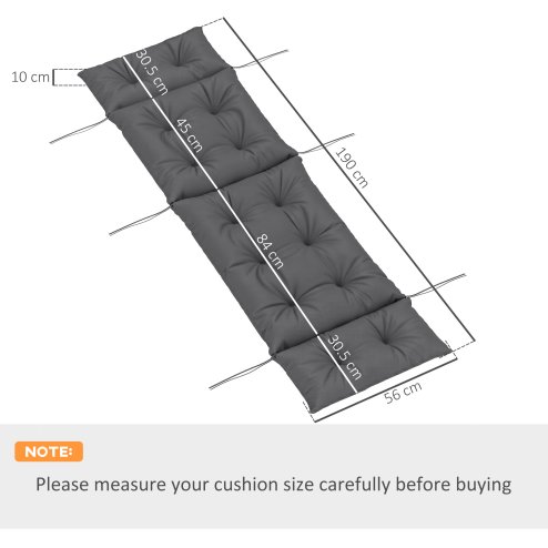 Outsunny Sun Lounger Cushions Only, 190x56x10cm Garden Lounge Chair Cushions, UPF20+ 220gsm Fabric, Thick Sunbed Replacement Pads with 6 Ties, Dark Grey