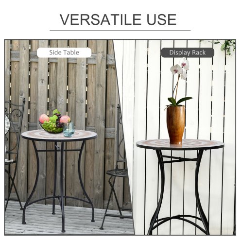 Outsunny 60 cm Mosaic Garden Table, Small Round Outdoor Side Table with Ceramic Top, Plant Stand for Patio, Balcony, Orange and White