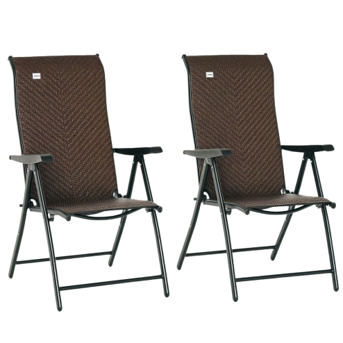 Outsunny Set of 2 Outdoor Wicker Folding Chairs, Patio PE Rattan Dining Armrests Chair set with 7 Levels Adjustable Backrest, for Outdoors, Camping, Brown