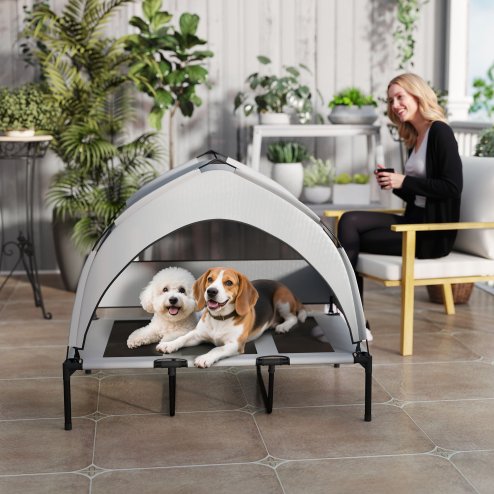 PawHut Elevated Dog Bed with Removable Canopy, Portable Cooling Raised Pet Cot with Breathable Mesh, Storage Bag, for Indoor Outdoor Use, for Large Dogs, 106 x 76 x 94 cm, Light Grey