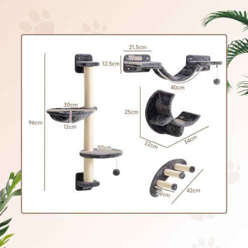 PawHut 4 Piece Cat Shelves, Cat Wall Furniture with Hammock, Scratching Posts, Soft Ladder, Steps, Jump Platforms, for Indoor Kittens - Dark Grey