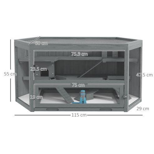 PawHut Wooden Large Hamster Cage Small Animal Exercise Play House 3 Tier with Sliding Tray, Seesaws, Water Bottle, Grey