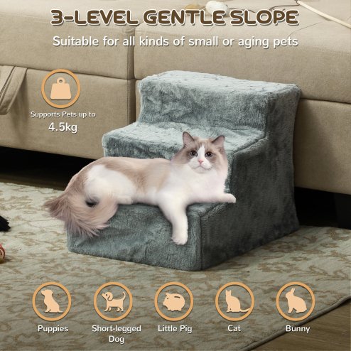 PawHut Dog Steps for Sofa, 3 Steps Dog Stairs, Pet Stairs, with Washable Plush Cover, for Small Breeds, Cats - Light Grey