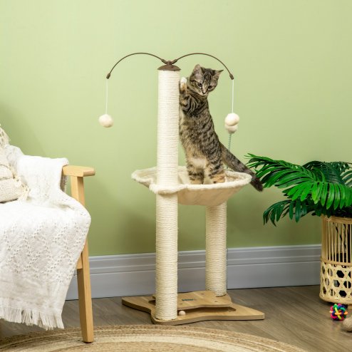 PawHut Cat Tree for Indoor Cats, Cat Scratching Post with Bed, Toy Ball, 53.5 x 53.5 x 90cm - Beige