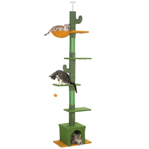 PawHut Floor-to-Ceiling Cat Tree, 230-275cm Height Adjustable Cat Tower, 6-Level Activity Centre for Indoor Cats with Scratching Posts, Cat House, Hammock, Toy Ball, Green