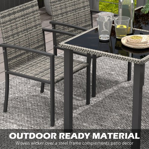 Outsunny 4 Seater Rattan Dining Set with Rectangular Glass Top Table and 4 Armchairs, PE Rattan Garden Furniture Set, Outdoor Dining Table and Chairs for Patio, Balcony, Lawn, Mixed Grey