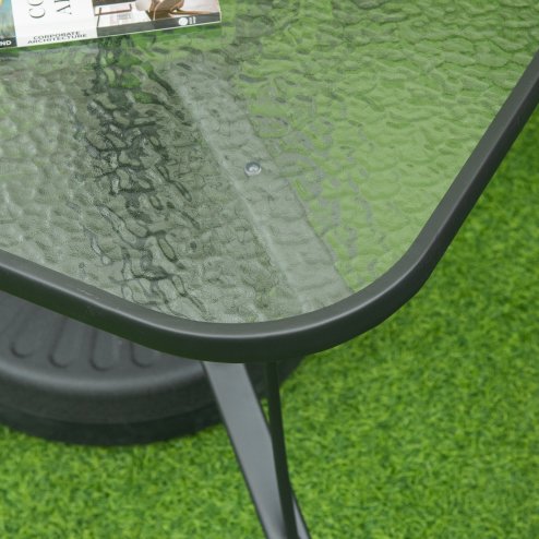 Outsunny 106.5cm Square Garden Table with Tempered Glass Top, Outdoor Patio Dining Table with Parasol Hole, Steel Frame for Garden, Lawn, Patio, Black