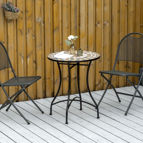 Outsunny 60 cm Mosaic Garden Table, Small Round Outdoor Side Table with Ceramic Top, Plant Stand for Patio, Balcony, Grey and Beige