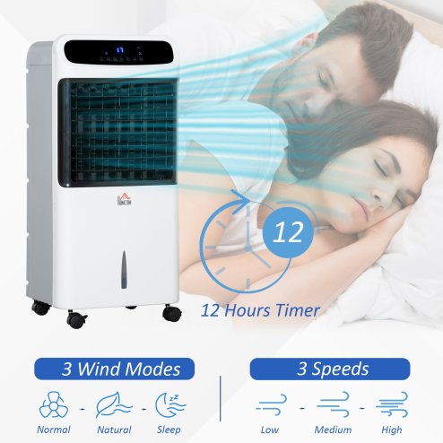 HOMCOM Mobile Air Cooler, 12L Tank Evaporative Ice Cooling Fan Water Conditioner Humidifier Unit with 3 Modes, 3 Speed, Remote, Timer, Oscillating for Home Bedroom