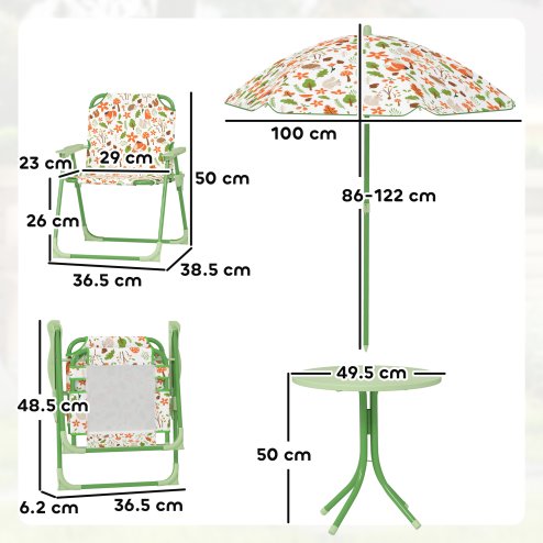 AIYAPLAY Children Table and Chair Set with Adjustable Parasol, 2 Folding Chairs, Picnic Table, Fox Pattern Outdoor Patio Set, for Ages 2-5 Years, Green