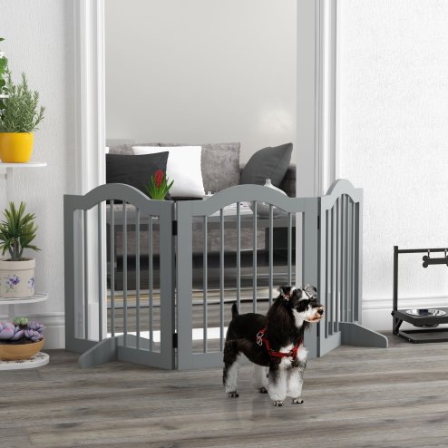 PawHut Freestanding Pet Gate Wooden Dog Gate with Support Feet Foldable Pet Fence Safety Barrier for the House Doorway Stairs Light Grey