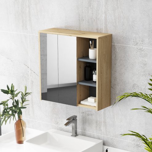 HOMCOM Bathroom Mirror Cabinet, Wall Mounted Bathroom Cabinet with Mirror, 2 Doors and Cupboards, Natural