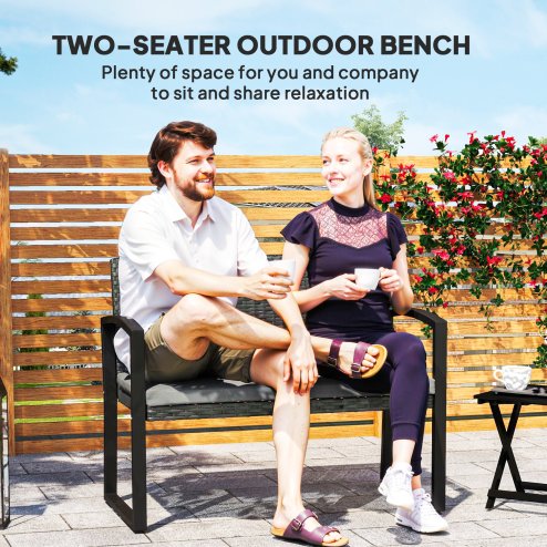 Outsunny 2 Seater Rattan Garden Bench, Outdoor Bench with Cushion, PE Wicker Garden Loveseat with Armrests, Galvanised Steel Frame for Patio, Park, Dark Grey