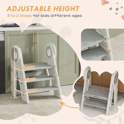 AIYAPLAY Kids Step Stool, Foldable Toddler Kitchen Stool, Adjustable Standing Tower with Handle, Non-Slip for Bathroom, Sink, Kitchen, Counter, Toilet Potty Training, Grey