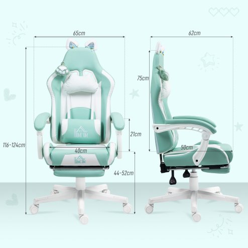 HOMCOM Gaming Chair for Adults with Cat Ears, Faux Leather Reclining Computer Chair with Footrest, Lumbar Support and Headrest, Height Adjustable Swivel Seat, Light Blue