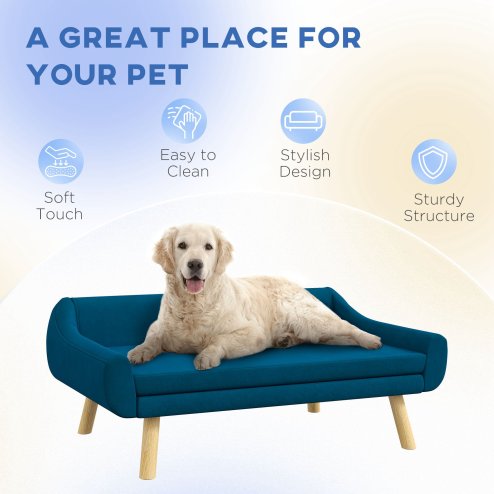 PawHut Dog Sofa Bed with Soft Cushion, Pet Couch with Wooden Frame, Removable and Washable Cover, for Medium and Large Dogs, Blue