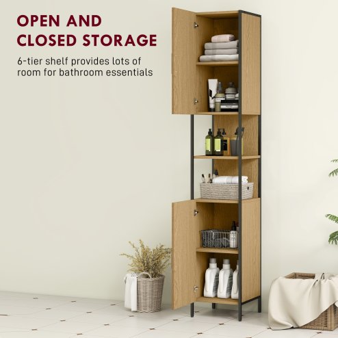 HOMCOM Tall Bathroom Cabinet, Slim Bathroom Storage Cabinet with 2 Doors, Open Compartments and Adjustable Shelves, Freestanding Storage Cupboard, 33 x 33 x 185 cm, Natural Wood Finish