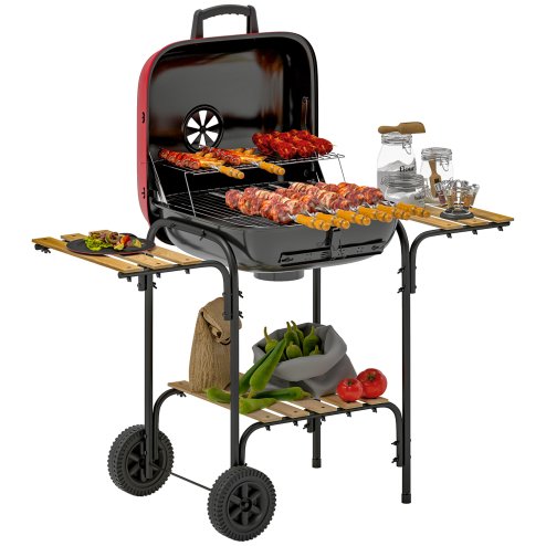 Outsunny Charcoal Barbecue Grill Portable BBQ Grill with 1840 cm? Cooking Area, 3 Shelves, Adjustable Vent, Lockable Lid, Wheels for Outdoor Cooking, Garden Party, Red