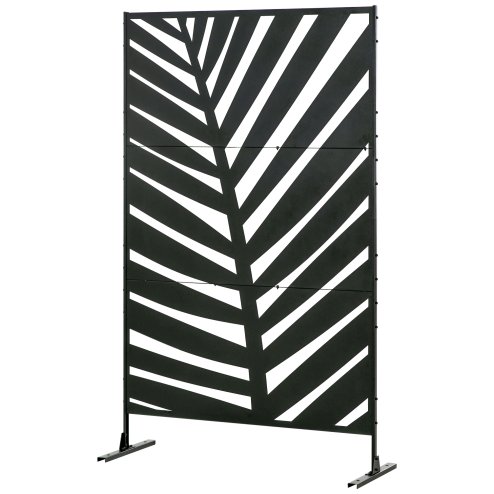 Outsunny Decorative Garden Privacy Screen with Stand, 6.5FT Freestanding Metal Outdoor Divider, Decorative Privacy Panel with Expansion Screws for Garden Pool Hot Tub, Banana Leaf Style, Black