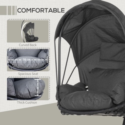 Outsunny Hanging Egg Chair with Cushion and Retractable Canopy, Swing Hammock Chair with Adjustable Metal Stand, for Indoor and Outdoor, Grey