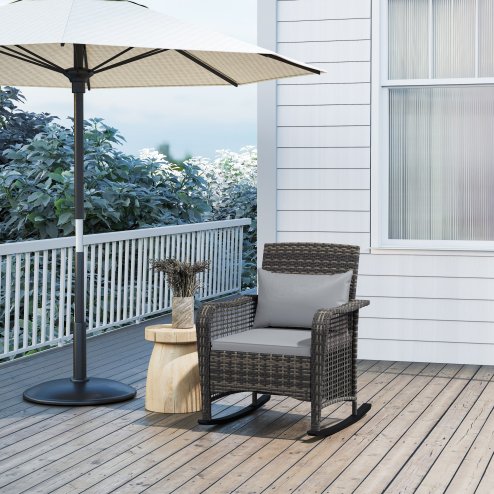 Outsunny Garden Rocking Chair, Outdoor Rattan Rocker Lounge Chair with Seat and Back Cushions, Patio Armchair Seat with All-weather Wicker, Steel Frame for Porch Balcony, Light Grey