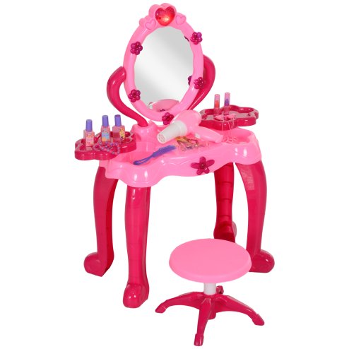 AIYAPLAY Kids Dressing Table with Mirror and Stool, Kids Vanity Table Make Up Pretend Play Toys with Light, Music, 15 Accessories, for Ages 3-6 Years, Pink